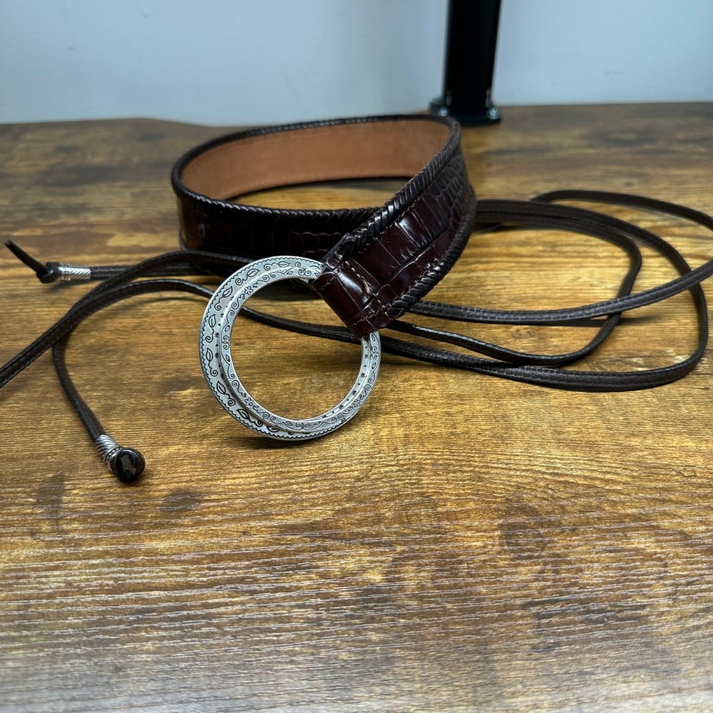 Brighton B30158 Brown Croc Embossed Leather Tassel Tie Belt Silver O-Ring S/M